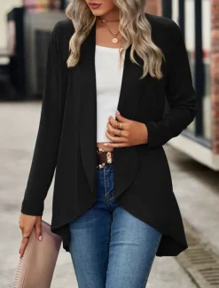 Hot Women's Casual Jacket Breathable Comfortable Irregular Hem Casual Plain Vacation Street Casual Daily Wear Open Front Regular Shawl Collar Regular Fit Long Sleeve Outerwear Black Wine Purple Summer Women Jackets|Coats & Trench Coats