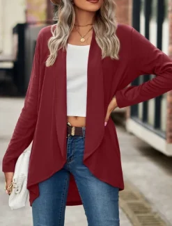 Hot Women's Casual Jacket Breathable Comfortable Irregular Hem Casual Plain Vacation Street Casual Daily Wear Open Front Regular Shawl Collar Regular Fit Long Sleeve Outerwear Black Wine Purple Summer Women Jackets|Coats & Trench Coats