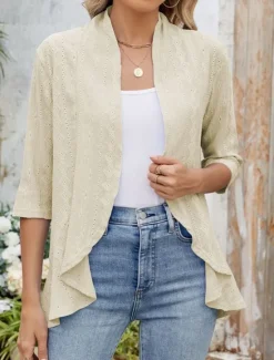 Hot Women's Casual Jacket Breathable Comfortable Ruffle Casual Plain Vacation Street Casual Daily Wear Open Front Regular Collarless Regular Fit 3/4 Length Sleeve Outerwear Black White Pink Summer Spring Women Jackets|Coats & Trench Coats