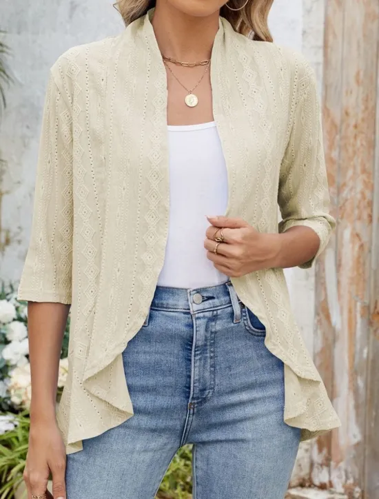 Hot Women's Casual Jacket Breathable Comfortable Ruffle Casual Plain Vacation Street Casual Daily Wear Open Front Regular Collarless Regular Fit 3/4 Length Sleeve Outerwear Black White Pink Summer Spring Women Jackets|Coats & Trench Coats