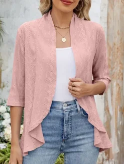 Hot Women's Casual Jacket Breathable Comfortable Ruffle Casual Plain Vacation Street Casual Daily Wear Open Front Regular Collarless Regular Fit 3/4 Length Sleeve Outerwear Black White Pink Summer Spring Women Jackets|Coats & Trench Coats