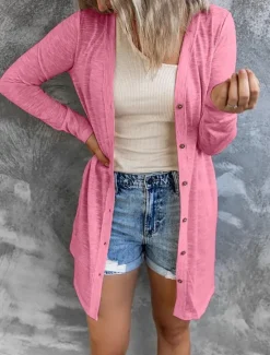 Hot Women's Casual Jacket Breathable Comfortable Pocket Casual Plain Vacation Street Casual Daily Wear Single Breasted Long V Neck Regular Fit Long Sleeve Outerwear Black White Pink Summer Spring Women Coats & Trench Coats