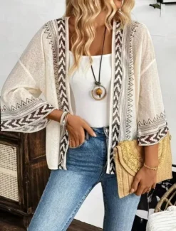 Women's Casual Jacket Breathable Comfortable Patchwork Casual Plain Vacation Street Casual Daily Wear Open Front Regular Collarless Regular Fit 3/4 Length Sleeve Outerwear Khaki Gray Summer Spring Women Coats & Trench Coats