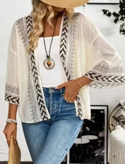 Women's Casual Jacket Breathable Comfortable Patchwork Casual Plain Vacation Street Casual Daily Wear Open Front Regular Collarless Regular Fit 3/4 Length Sleeve Outerwear Khaki Gray Summer Spring Women Coats & Trench Coats