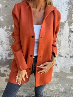 Sale Women's Casual Jacket Breathable Comfortable Buttons Pocket Casual Plain Vacation Street Casual Daily Wear Single Breasted Long Hooded Regular Fit Long Sleeve Outerwear Red Orange Drak Red Summer Women Jackets|Coats & Trench Coats
