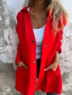Sale Women's Casual Jacket Breathable Comfortable Buttons Pocket Casual Plain Vacation Street Casual Daily Wear Single Breasted Long Hooded Regular Fit Long Sleeve Outerwear Red Orange Drak Red Summer Women Jackets|Coats & Trench Coats