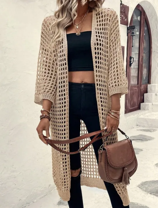 Women's Casual Jacket Breathable Comfortable Cut Out Casual Plain Vacation Street Casual Daily Wear Open Front Long Collarless Regular Fit 3/4 Length Sleeve Outerwear Black Apricot Spring Women Jackets|Coats & Trench Coats