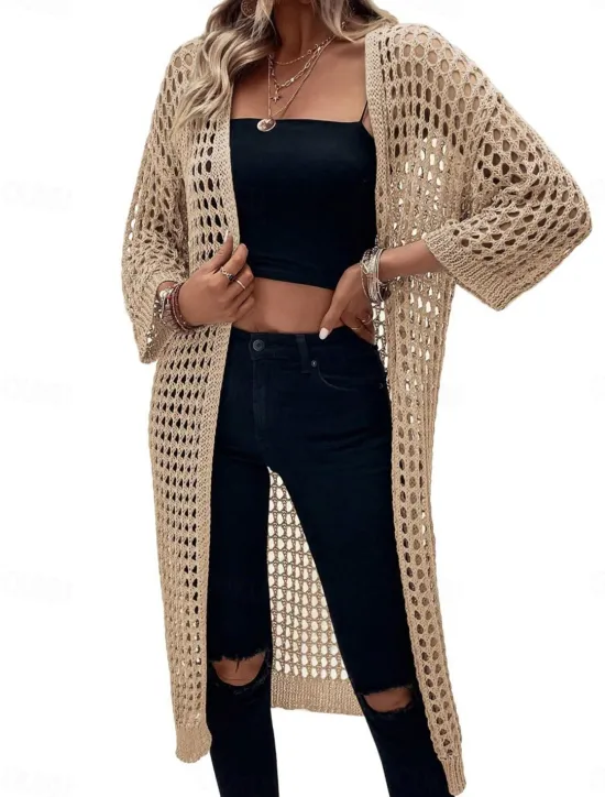 Women's Casual Jacket Breathable Comfortable Cut Out Casual Plain Vacation Street Casual Daily Wear Open Front Long Collarless Regular Fit 3/4 Length Sleeve Outerwear Black Apricot Spring Women Jackets|Coats & Trench Coats