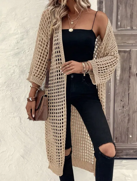 Women's Casual Jacket Breathable Comfortable Cut Out Casual Plain Vacation Street Casual Daily Wear Open Front Long Collarless Regular Fit 3/4 Length Sleeve Outerwear Black Apricot Spring Women Jackets|Coats & Trench Coats