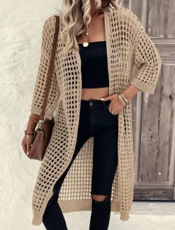 Women's Casual Jacket Breathable Comfortable Cut Out Casual Plain Vacation Street Casual Daily Wear Open Front Long Collarless Regular Fit 3/4 Length Sleeve Outerwear Black Apricot Spring Women Jackets|Coats & Trench Coats