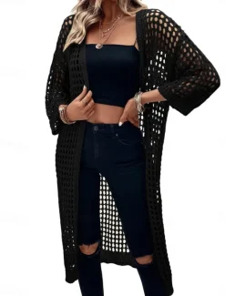 Women's Casual Jacket Breathable Comfortable Cut Out Casual Plain Vacation Street Casual Daily Wear Open Front Long Collarless Regular Fit 3/4 Length Sleeve Outerwear Black Apricot Spring Women Jackets|Coats & Trench Coats
