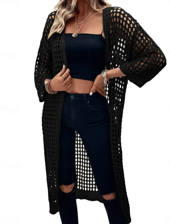 Women's Casual Jacket Breathable Comfortable Cut Out Casual Plain Vacation Street Casual Daily Wear Open Front Long Collarless Regular Fit 3/4 Length Sleeve Outerwear Black Apricot Spring Women Jackets|Coats & Trench Coats