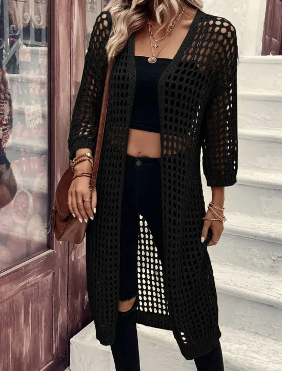 Women's Casual Jacket Breathable Comfortable Cut Out Casual Plain Vacation Street Casual Daily Wear Open Front Long Collarless Regular Fit 3/4 Length Sleeve Outerwear Black Apricot Spring Women Jackets|Coats & Trench Coats