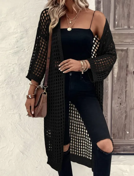 Women's Casual Jacket Breathable Comfortable Cut Out Casual Plain Vacation Street Casual Daily Wear Open Front Long Collarless Regular Fit 3/4 Length Sleeve Outerwear Black Apricot Spring Women Jackets|Coats & Trench Coats