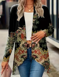 Women's Casual Jacket Breathable Comfortable Print Vintage Casual Floral Vacation Street Casual Daily Wear Open Front Regular Collarless Regular Fit Long Sleeve Outerwear Black And White Black Yellow Women Coats & Trench Coats