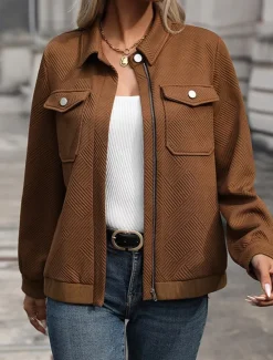 Women's Casual Jacket Comfortable Full Zip Elegant Vintage Fashion Daily Solid Color School Vacation Home Work Cardigan Short Turndown Regular Fit Long Sleeve Outerwear Spring Fall Women Jackets