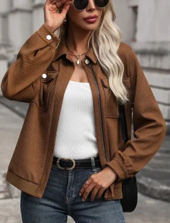 Women's Casual Jacket Comfortable Full Zip Elegant Vintage Fashion Daily Solid Color School Vacation Home Work Cardigan Short Turndown Regular Fit Long Sleeve Outerwear Spring Fall Women Jackets