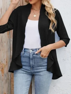 Clearance Women's Casual Jacket Comfortable Breathable Ruffle Cut Out Casual Plain Vacation Street Daily Wear Going out Open Front Regular Collarless Regular Fit 3/4 Length Sleeve Outerwear Black White Pink Women Coats & Trench Coats