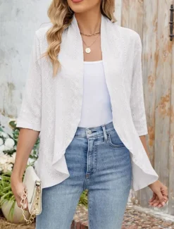 Clearance Women's Casual Jacket Comfortable Breathable Ruffle Cut Out Casual Plain Vacation Street Daily Wear Going out Open Front Regular Collarless Regular Fit 3/4 Length Sleeve Outerwear Black White Pink Women Coats & Trench Coats