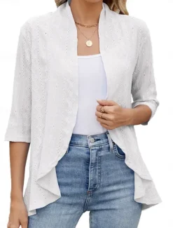 Clearance Women's Casual Jacket Comfortable Breathable Ruffle Cut Out Casual Plain Vacation Street Daily Wear Going out Open Front Regular Collarless Regular Fit 3/4 Length Sleeve Outerwear Black White Pink Women Coats & Trench Coats