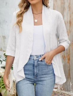 Clearance Women's Casual Jacket Comfortable Breathable Ruffle Cut Out Casual Plain Vacation Street Daily Wear Going out Open Front Regular Collarless Regular Fit 3/4 Length Sleeve Outerwear Black White Pink Women Coats & Trench Coats
