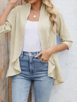 Clearance Women's Casual Jacket Comfortable Breathable Ruffle Cut Out Casual Plain Vacation Street Daily Wear Going out Open Front Regular Collarless Regular Fit 3/4 Length Sleeve Outerwear Black White Pink Women Coats & Trench Coats