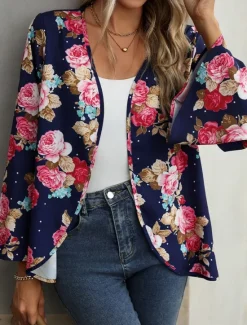 Best Women's Casual Jacket Comfortable Breathable Print Casual Floral Vacation Street Casual Daily Wear Open Front Short Collarless Regular Fit Long Sleeve Outerwear Summer Spring Women Jackets|Coats & Trench Coats