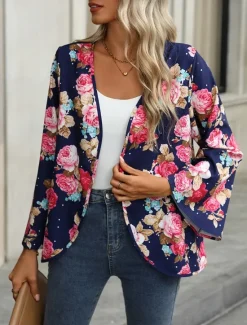 Best Women's Casual Jacket Comfortable Breathable Print Casual Floral Vacation Street Casual Daily Wear Open Front Short Collarless Regular Fit Long Sleeve Outerwear Summer Spring Women Jackets|Coats & Trench Coats