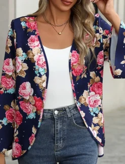 Best Women's Casual Jacket Comfortable Breathable Print Casual Floral Vacation Street Casual Daily Wear Open Front Short Collarless Regular Fit Long Sleeve Outerwear Summer Spring Women Jackets|Coats & Trench Coats