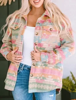New Women's Casual Jacket Comfortable Breathable Pocket Buttons Print Fashion Casual Geometric Vacation Street Casual Daily Wear Single Breasted Regular Turndown Regular Fit Long Sleeve Outerwear Pink Women Jackets