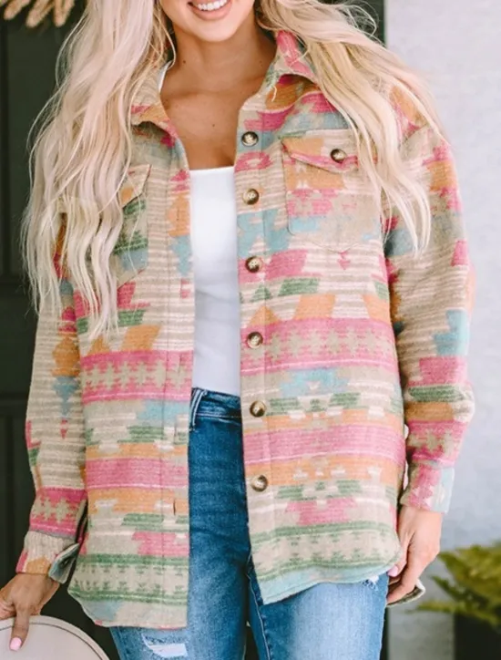 New Women's Casual Jacket Comfortable Breathable Pocket Buttons Print Fashion Casual Geometric Vacation Street Casual Daily Wear Single Breasted Regular Turndown Regular Fit Long Sleeve Outerwear Pink Women Jackets