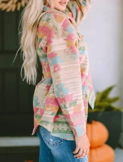 New Women's Casual Jacket Comfortable Breathable Pocket Buttons Print Fashion Casual Geometric Vacation Street Casual Daily Wear Single Breasted Regular Turndown Regular Fit Long Sleeve Outerwear Pink Women Jackets