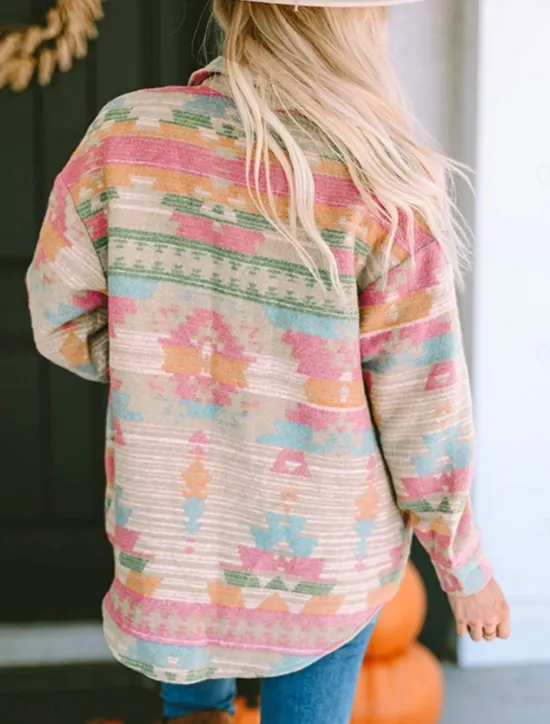 New Women's Casual Jacket Comfortable Breathable Pocket Buttons Print Fashion Casual Geometric Vacation Street Casual Daily Wear Single Breasted Regular Turndown Regular Fit Long Sleeve Outerwear Pink Women Jackets