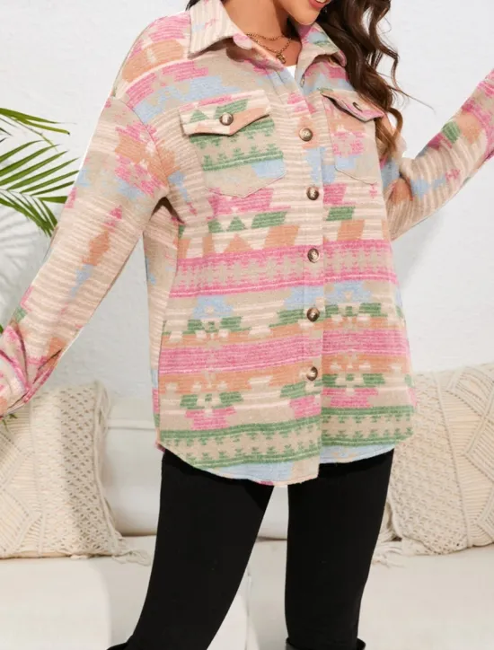 New Women's Casual Jacket Comfortable Breathable Pocket Buttons Print Fashion Casual Geometric Vacation Street Casual Daily Wear Single Breasted Regular Turndown Regular Fit Long Sleeve Outerwear Pink Women Jackets