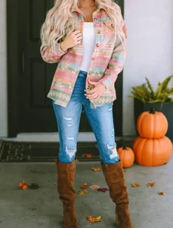 New Women's Casual Jacket Comfortable Breathable Pocket Buttons Print Fashion Casual Geometric Vacation Street Casual Daily Wear Single Breasted Regular Turndown Regular Fit Long Sleeve Outerwear Pink Women Jackets
