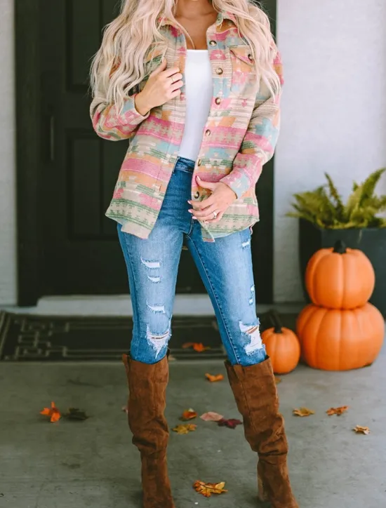 New Women's Casual Jacket Comfortable Breathable Pocket Buttons Print Fashion Casual Geometric Vacation Street Casual Daily Wear Single Breasted Regular Turndown Regular Fit Long Sleeve Outerwear Pink Women Jackets