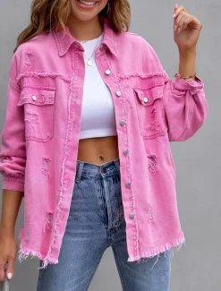 Women's Casual Jacket Comfortable Breathable Pocket Tassel Casual Street Style Plain Vacation Street Casual Daily Wear Single Breasted Regular Turndown Regular Fit Long Sleeve Outerwear Black Pink Women Jackets