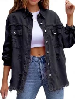 Women's Casual Jacket Comfortable Breathable Pocket Tassel Casual Street Style Plain Vacation Street Casual Daily Wear Single Breasted Regular Turndown Regular Fit Long Sleeve Outerwear Black Pink Women Jackets