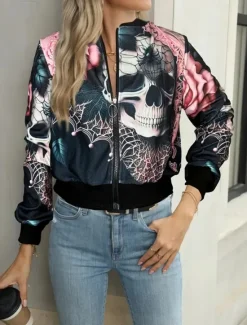 Hot Women's Casual Jacket Comfortable Breathable Print Active Vintage Fashion Daily Skull Casual Regular Stand Collar Regular Fit Long Sleeve Outerwear Dark Pink Camouflage Spring Fall Women Jackets