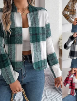 Discount Women's Casual Jacket Comfortable Breathable Print Casual Plaid Vacation Street Daily Wear Going out Open Front Short Stand Collar Regular Fit Long Sleeve Outerwear Navy Red Green Summer Spring Women Jackets|Coats & Trench Coats