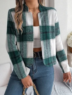 Discount Women's Casual Jacket Comfortable Breathable Print Casual Plaid Vacation Street Daily Wear Going out Open Front Short Stand Collar Regular Fit Long Sleeve Outerwear Navy Red Green Summer Spring Women Jackets|Coats & Trench Coats