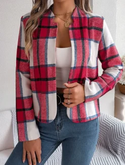 Discount Women's Casual Jacket Comfortable Breathable Print Casual Plaid Vacation Street Daily Wear Going out Open Front Short Stand Collar Regular Fit Long Sleeve Outerwear Navy Red Green Summer Spring Women Jackets|Coats & Trench Coats