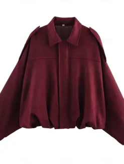 Discount Women's Casual Jacket Comfortable Breathable Pocket Buttons Casual Plain Vacation Street Casual Daily Wear Zipper Short Turndown Regular Fit Long Sleeve Outerwear Black Wine Orange Summer Spring Women Jackets