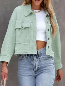 Best Women's Casual Jacket Comfortable Breathable Pocket Buttons Casual Plain Vacation Street Casual Daily Wear Single Breasted Short Turndown Regular Fit Long Sleeve Outerwear Black White Green Spring Women Jackets