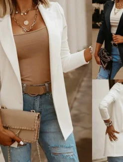 Women's Casual Jacket Comfortable Breathable Slim Fit Casual Plain Vacation Work Street Casual Open Front Regular Turndown Regular Fit Long Sleeve Outerwear Black White Blue Summer Spring Women Blazers & Suits