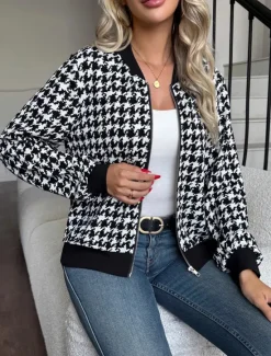 Online Women's Casual Jacket Comfortable Zipper Pocket Vintage Houndstooth Vacation Home Office Daily Regular Baseball Collar Regular Fit Long Sleeve Outerwear Spring Fall Women Jackets