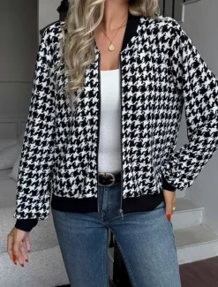 Online Women's Casual Jacket Comfortable Zipper Pocket Vintage Houndstooth Vacation Home Office Daily Regular Baseball Collar Regular Fit Long Sleeve Outerwear Spring Fall Women Jackets