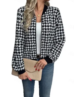 Online Women's Casual Jacket Comfortable Zipper Pocket Vintage Houndstooth Vacation Home Office Daily Regular Baseball Collar Regular Fit Long Sleeve Outerwear Spring Fall Women Jackets