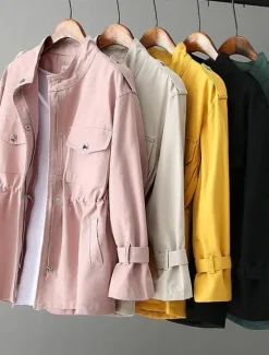 Clearance Women's Casual Jacket Comfortable Breathable Pocket Casual Plain Street Casual Daily Wear Zipper Regular Turndown Loose Fit Long Sleeve Outerwear Black White Pink Summer Women Jackets|Blazers & Suits