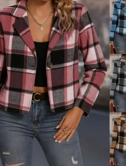 Clearance Women's Casual Jacket Comfortable Breathable Print Casual Plaid Vacation Street Casual Daily Wear Single Breasted Short Turndown Regular Fit Long Sleeve Outerwear Sky Blue Fuchsia Khaki Spring Fall Women Jackets